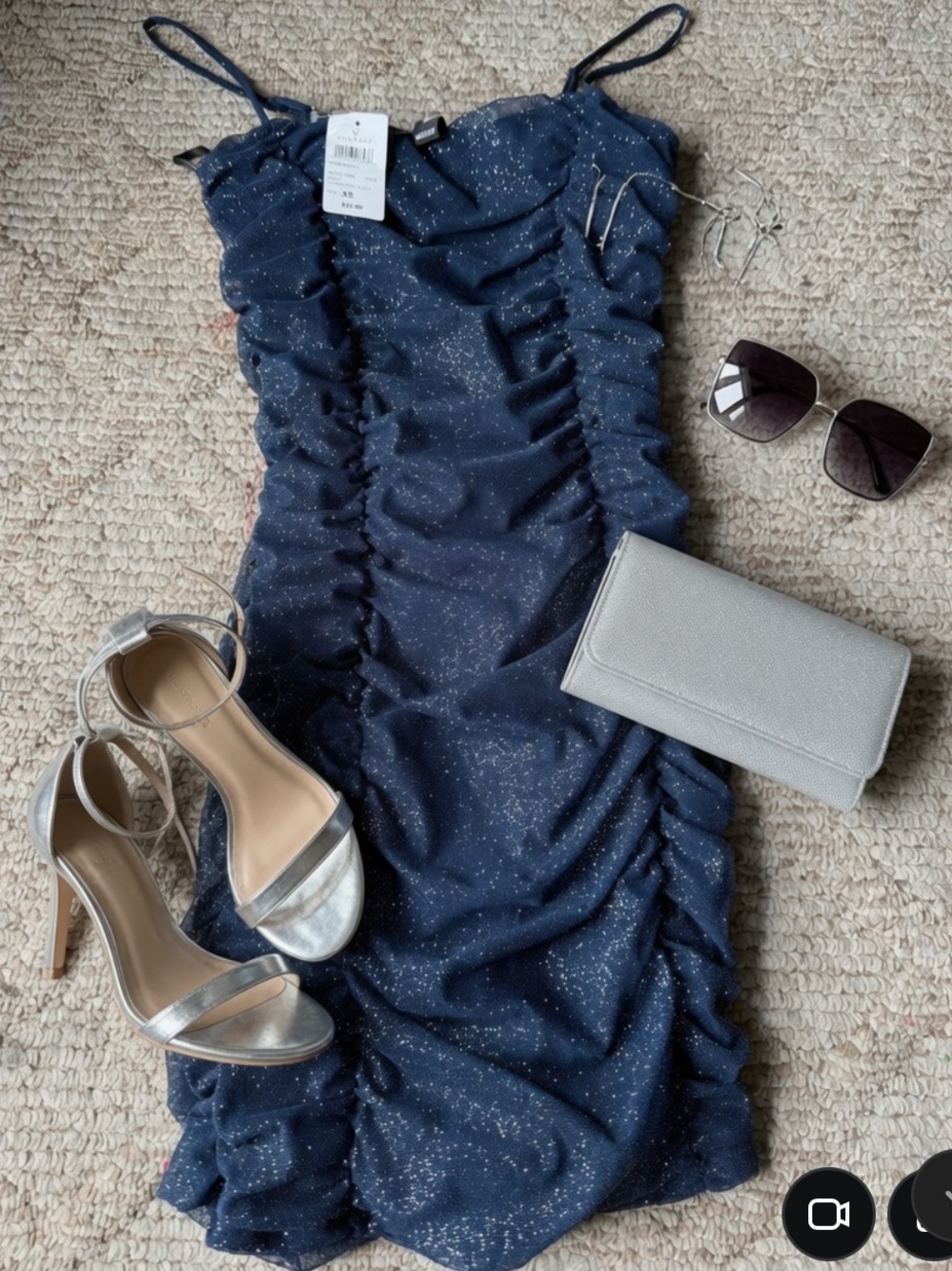 Women's Navy Sparkle Ruched Slip Dress